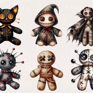 May include: Six different voodoo dolls with various features, including a black cat, a hooded figure, a doll with a cape, a doll with pins, a doll with rope, and a doll with buttons. The dolls are all made of fabric and have stitched details.