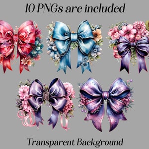May include: Ten digital images of watercolor bows with floral accents. The bows are in shades of pink, blue, and purple. The flowers are in shades of pink, white, and blue.