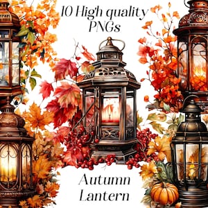 Clipart de lanterna de outono em aquarela, 10 arquivos PNG de alta qualidade, clipart de outono, design de sublimação, gráficos para impressão, decoração de casa