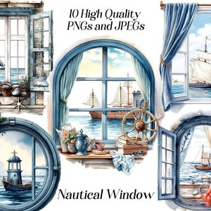 Clipart per finestre nautiche ad acquerello, 10 file JPEG e PNG di alta qualità, clipart marine, clip art nautiche, illustrazione di finestre, stampabili