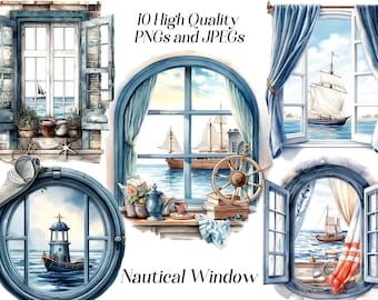 Watercolor nautical window clipart, 10 high quality JPEG and PNG files, marine clipart, nautical clip art, window illustration, printables