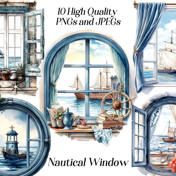 Watercolor nautical window clipart, 10 high quality JPEG and PNG files, marine clipart, nautical clip art, window illustration, printables