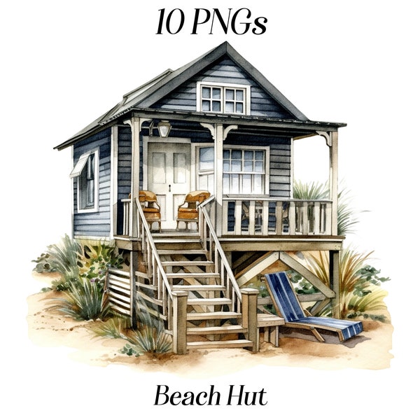 Clipart de cabane de plage aquarelle, 10 fichiers JPEG et PNG de haute qualité, vacances d'été, clipart maison en bord de mer, graphiques imprimables, numérique