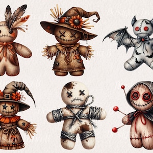 May include: Six different voodoo dolls with various features, including a witch's hat, a devil's tail, and a burlap sack. The dolls are all made of fabric and have stitched-on eyes and mouths.