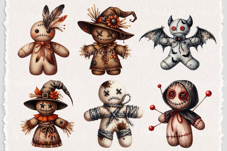 May include: Six different voodoo dolls with various features, including a witch's hat, a devil's tail, and a burlap sack. The dolls are all made of fabric and have stitched-on eyes and mouths.