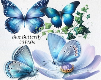 Pode incluir: Uma ilustração digital de borboletas azuis com padrões intrincados e uma flor delicada. As borboletas estão em várias poses, algumas com as asas abertas e outras com as asas fechadas. A flor é de cor azul claro com um centro amarelo.