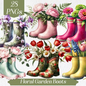 Floral Garden Boots Clipart: Spring Flower PNG Set (Digital Download)