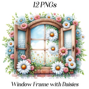 以下が含まれることがあります： 木製の枠と白いレースのカーテンが付いた窓枠が、ピンク、白、青のデイジーで飾られています。窓の外にはデイジー畑が広がっています。