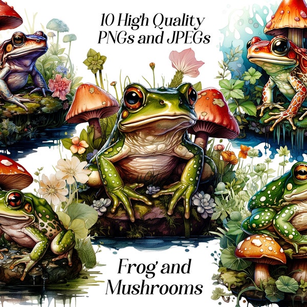 Watercolor frog clipart, 10 high quality JPEG and PNG files, frog and mushrooms, toad clip art, forest animals, printable graphics