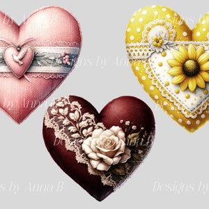 May include: Three heart-shaped pillows with different designs. The first pillow is pink with a white lace trim and a small dove in a heart-shaped frame. The second pillow is yellow with white polka dots and a sunflower in the center. The third pillow is burgundy with a white rose and lace trim.