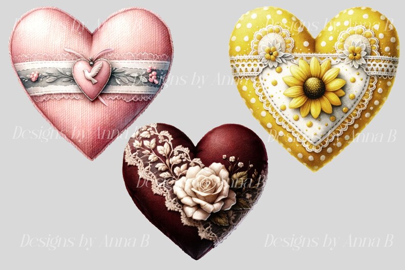 May include: Three heart-shaped pillows with different designs. The first pillow is pink with a white lace trim and a small dove in a heart-shaped frame. The second pillow is yellow with white polka dots and a sunflower in the center. The third pillow is burgundy with a white rose and lace trim.