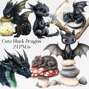 Dragon clipart, cute baby dragon clip art, png, watercolor dragon, black dragon, fantasy dragon, magic dragon illustration, digital download