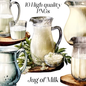 Aquarell Krug mit Milch Clipart, 10 hochwertige PNG-Dateien, Lebensmittel und Getränke Clipart, Molkerei Milch Illustration, Sublimationsdesign, Ausdrucke