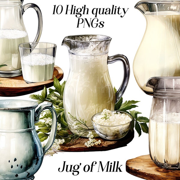 Watercolor Jug of Milk clipart, 10 high quality PNG files, food and drink clipart, dairy milk illustration, sublimation design, printables