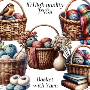 Panier aquarelle avec clipart de fil, 10 fichiers PNG de haute qualité, panier à tricoter, tricot, images de panier, graphiques imprimables, illustrations