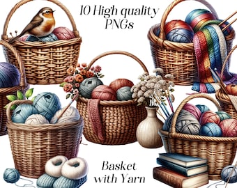 Watercolor Basket with Yarn clipart, 10 high quality PNG files, knitting basket, knit, basket images, printable graphics, illustrations