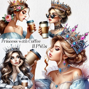 Imágenes prediseñadas de princesa con café, imágenes prediseñadas de mujer con café, png, chica de moda, influencer, chica jefa, realeza, gráficos digitales, imprimibles
