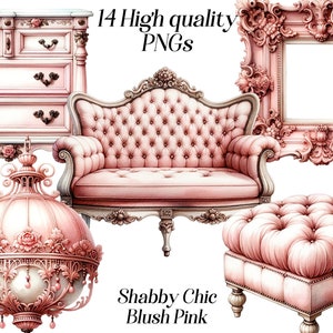 Shabby Chic meubelen clipart, roze meubelen illustraties, png, Victoriaans, prinses, slaapkamer, interieur design, antiek, rococo, digitale afbeelding