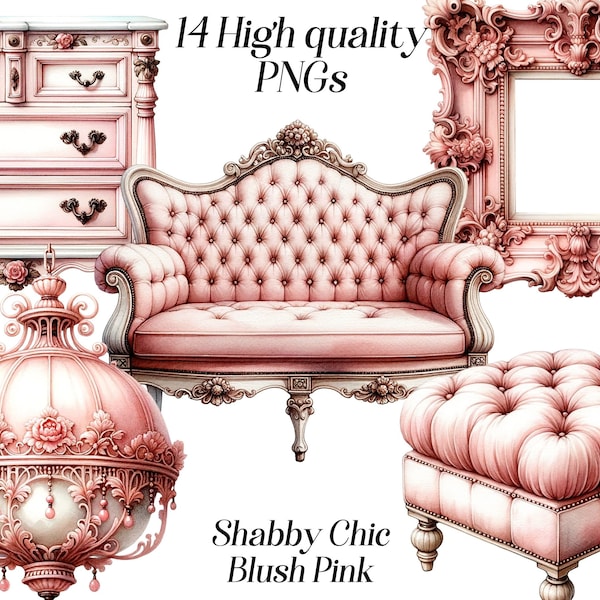 Acuarela Shabby Chic en imágenes prediseñadas Blush Pink, 14 archivos PNG de alta calidad, muebles victorianos antiguos, gráficos imprimibles, diseño de interiores