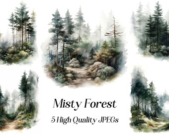 Clipart de bosque brumoso en acuarela, arte paisajístico (5 JPEG)