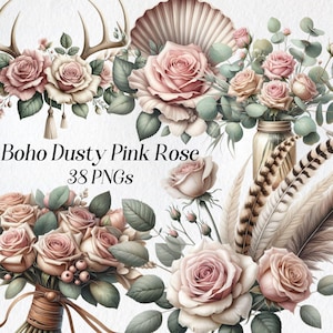 Imágenes prediseñadas de flores boho, imágenes prediseñadas de rosas de acuarela, png, rosas rosadas polvorientas, boda boho, imprimible, ilustración, botánica, comercial