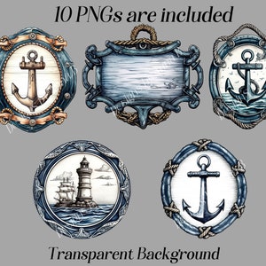 May include: Set of ten nautical themed digital clipart images.  Each image features a blue and white circular frame with a rope border.  The frames contain images of anchors, a lighthouse, and a ship.  The background is transparent.