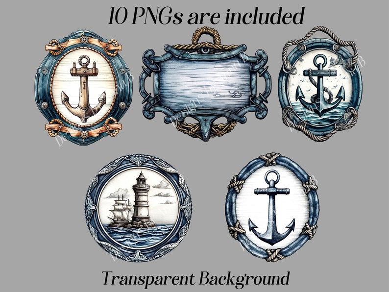 May include: Set of ten nautical themed digital clipart images.  Each image features a blue and white circular frame with a rope border.  The frames contain images of anchors, a lighthouse, and a ship.  The background is transparent.