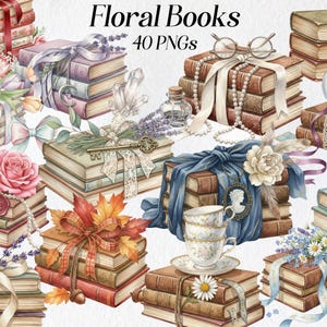 Puede incluir: Ilustraciones en acuarela de libros antiguos adornados con arreglos florales, cintas y elementos decorativos. La imagen presenta pilas de libros con rosas, lavanda y hojas de otoño, junto con tazas de té y perlas.