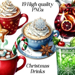 Clipart di bevande natalizie ad acquerello, 19 file PNG di alta qualità, cibo festivo, grafica natalizia, cocktail di Natale, cioccolata calda, stampabili
