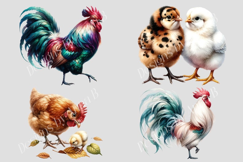May include: Four colorful illustrations of chickens and roosters. A rooster with iridescent blue, green, and red feathers. A brown hen with a chick. A rooster with white and blue feathers. Two chicks, one with brown and white speckled feathers and one with white feathers.