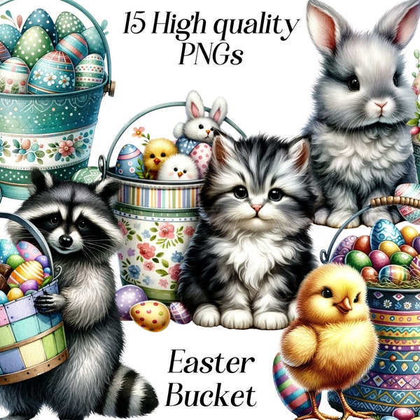 Watercolor Easter Bucket clipart, 15 high quality PNG files, easter graphics, cute animals, illustrations, printable images