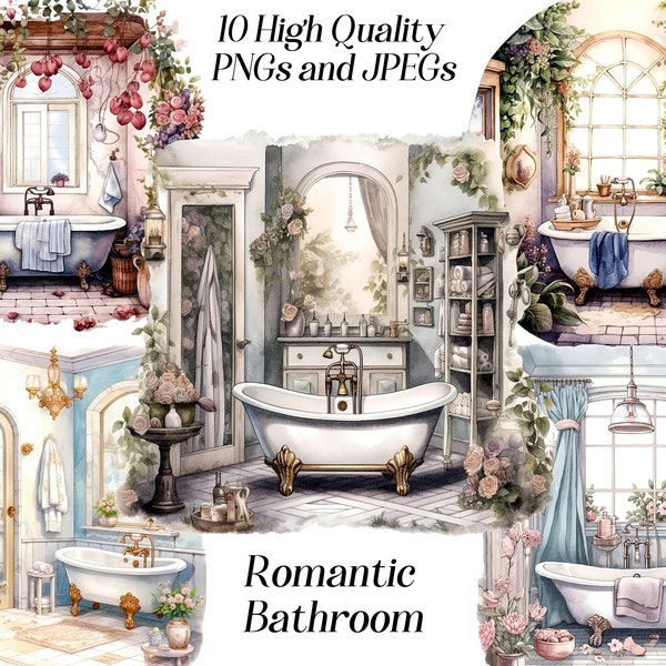 Watercolor bathroom clipart, 10 high quality JPEG and PNG files, interior design, romantic baths, printable graphics