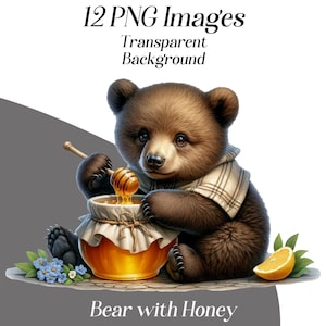 Ours avec clipart miel, 12 fichiers PNG, mignon bébé ours, ourson, animaux de la forêt, manger, doux miel, ours brun, téléchargement numérique