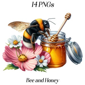 May include: A bumblebee with black and yellow stripes sits on a pink flower, dipping its head into a jar of honey. A wooden honey dipper is in the jar. The jar has a metal lid with a silver handle.