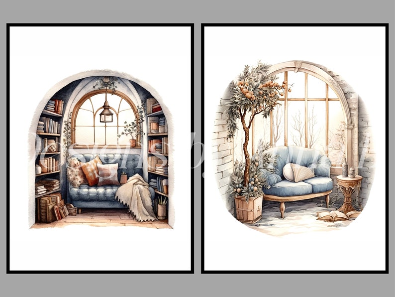 Watercolor Winter Clipart: Cozy Home Interiors (JPEG, PNG) - Etsy
