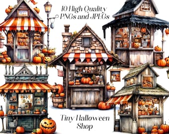 Watercolor Halloween Shop clipart, 10 high quality JPEG and PNG files, halloween decor, spooky house, halloween pumpkins, printables