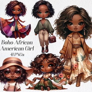Boho afro-americana clipart, garota negra, boho, ilustração de moda, garota fashion, garota fofa, chibi, garota de verão, mulher clip art
