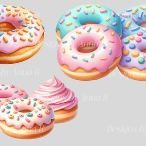 Puede incluir: Surtido de donuts coloridos con glaseado rosa, azul y morado y espolvoreados. Algunos donuts tienen piezas de caramelo de colores en la parte superior.