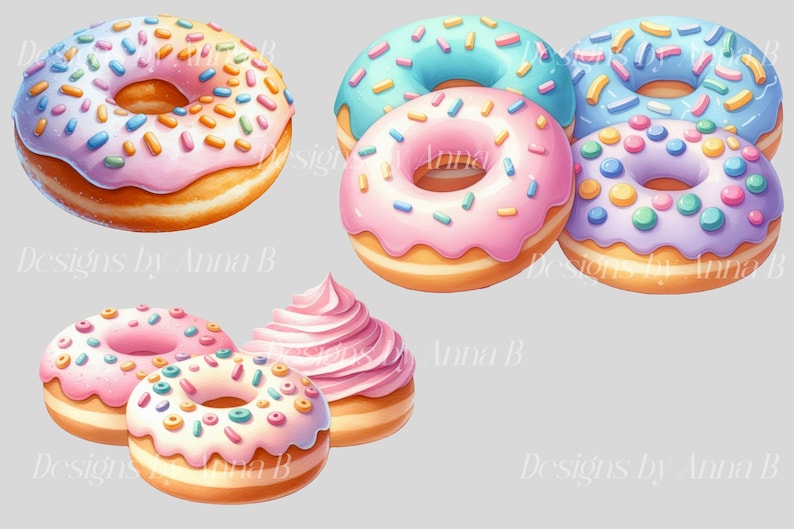 Puede incluir: Surtido de donuts coloridos con glaseado rosa, azul y morado y espolvoreados. Algunos donuts tienen piezas de caramelo de colores en la parte superior.