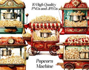 Aquarell Popcorn Maschine Clipart: Filmabend Grafiken (JPEG, PNG)