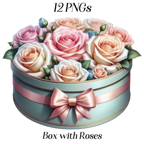 Watercolor Box with Roses clipart, 12 PNG files, floral box, box filled with flowers, present box, birthday, valentines, mother's day