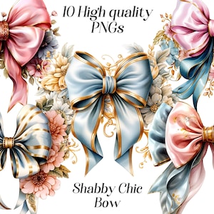 May include: Ten high quality PNG images of shabby chic bows with floral embellishments. The bows are in shades of pink and blue with gold accents.