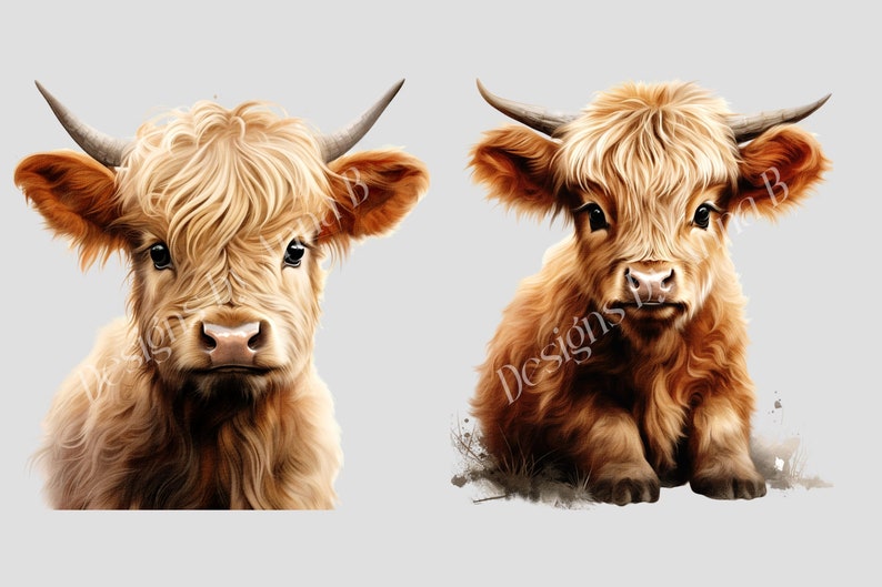 May include: Two Highland cattle, one standing and one sitting, both with long, fluffy, light brown fur and large, dark eyes. The cattle are looking directly at the viewer.