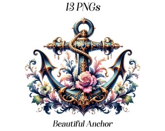 Watercolor Floral Anchor Clipart: Rococo Nautical PNG Images (Digital Download)