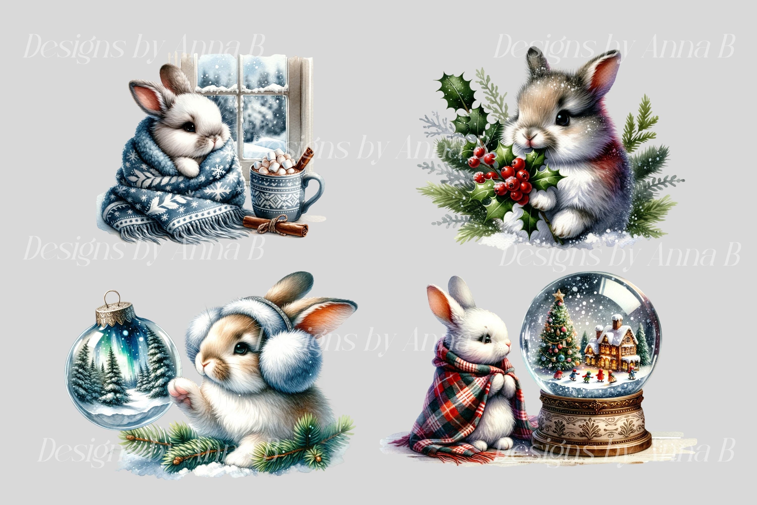 Watercolor Christmas Bunny Clipart: Festive PNG Images (digital ...