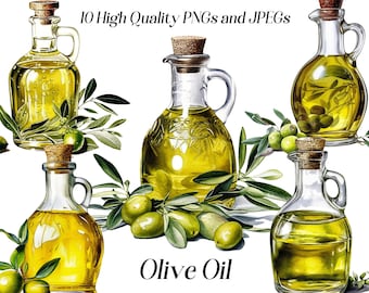 Clipart de botella de aceite de oliva: Arte rústico de cocina mediterránea (Descarga digital)
