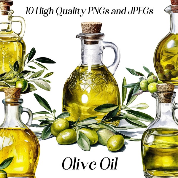 Watercolor Olive Oil clipart, 10 high quality JPEG and PNG files, Food clip art, kitchen wall decor, cooking illustration, printables.