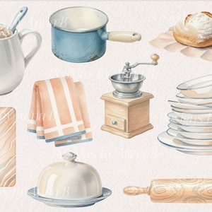 May include: Watercolor illustration of kitchen items including a white pitcher with a spoon, a blue pot, a loaf of bread, a manual coffee grinder, a stack of plates, a rolling pin, a butter dish, and towels.