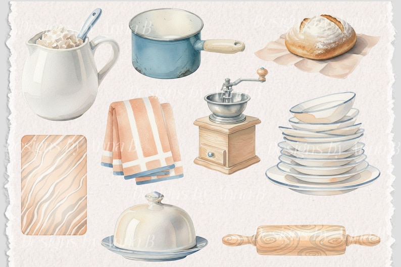 May include: Watercolor illustration of kitchen items including a white pitcher with a spoon, a blue pot, a loaf of bread, a manual coffee grinder, a stack of plates, a rolling pin, a butter dish, and towels.