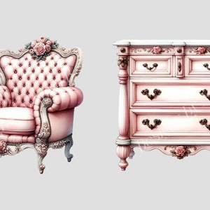May include: A pink upholstered armchair with ornate carvings and floral accents sits next to a pink dresser with three drawers and floral accents.